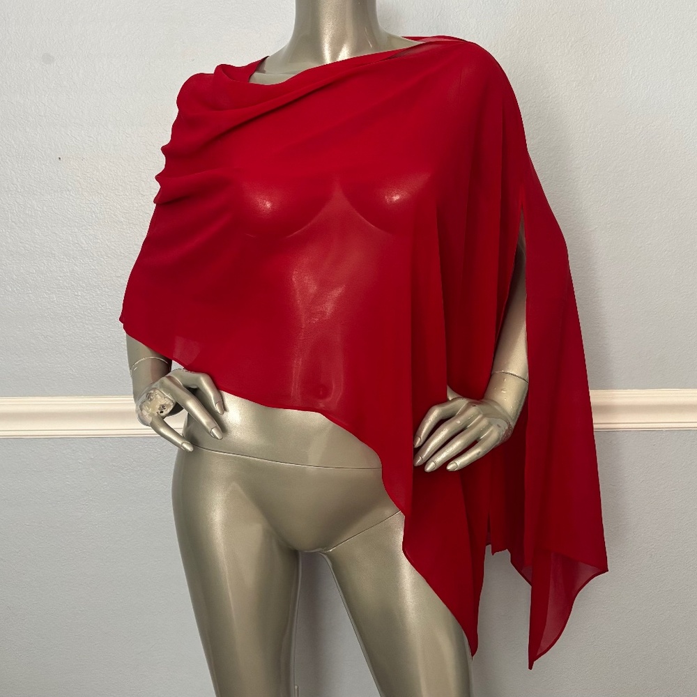 Eileen Fisher Sheer Silk Georgette Off Shoulder Scarlet Red Wrap Poncho Top O/S